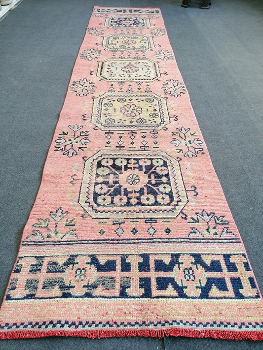 2.7 x 11.7 pink turkish runner  blue runner rug vintage green oushak runner