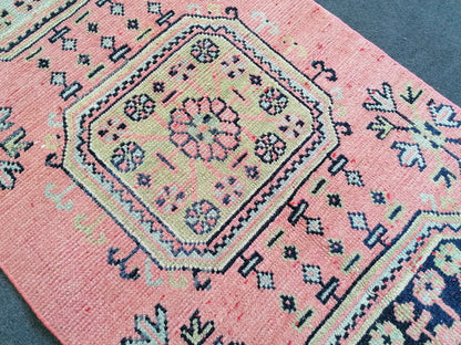 2.7 x 11.7 pink turkish runner  blue runner rug vintage green oushak runner