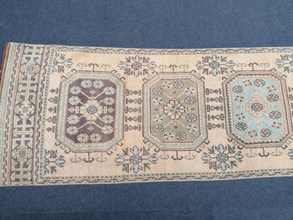 3x11 mute soft oushak turkish runner rug, vintage turkish runner rug, pastel handmade kitchen runner rug, bathroom rug, entryway runner rug
