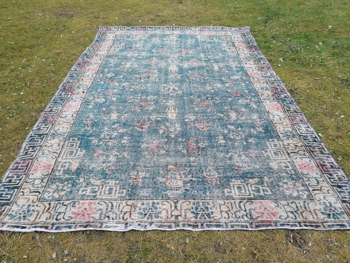 6.5 x 9.4 large oushak rug, blue distressed turkish rug vintage oushak runner rug