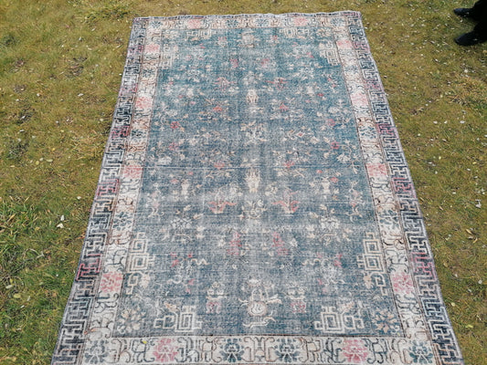6.5 x 9.4 large oushak rug, blue distressed turkish rug vintage oushak runner rug