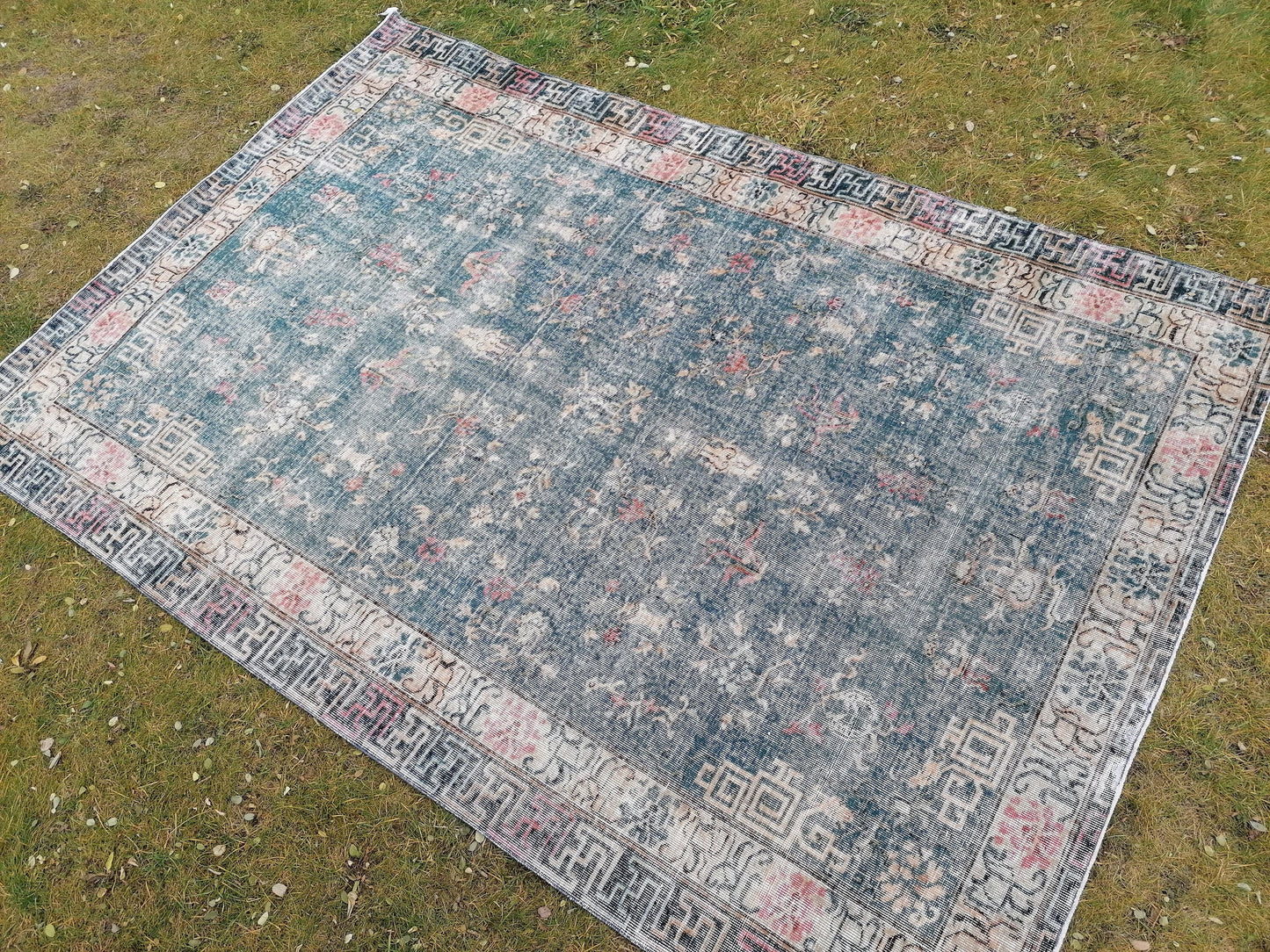 6.5 x 9.4 large oushak rug, blue distressed turkish rug vintage oushak runner rug