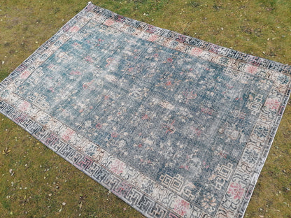 6.5 x 9.4 large oushak rug, blue distressed turkish rug vintage oushak runner rug