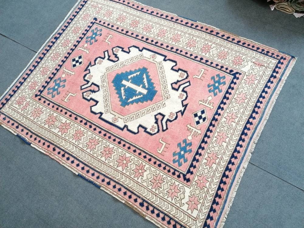 4.9 x 6 Vintage blue rug, oushak pink rug  handmade wool rug,