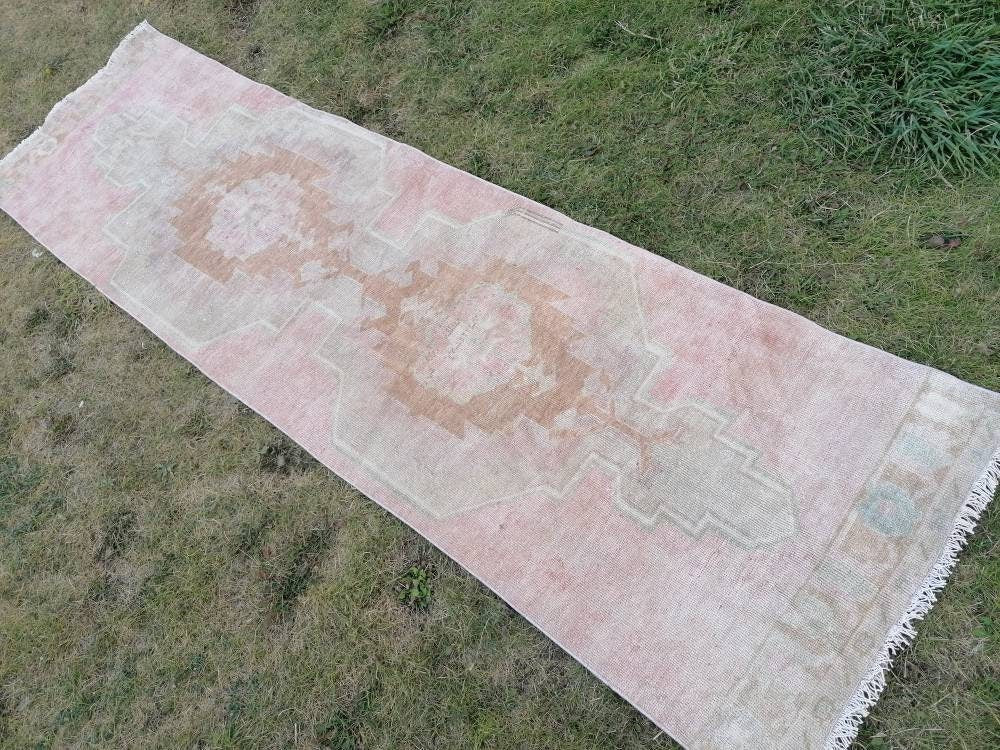 2.8 x 9.3 vintage runner rug turkish runner muted  wool runner rug vintage oriental runner