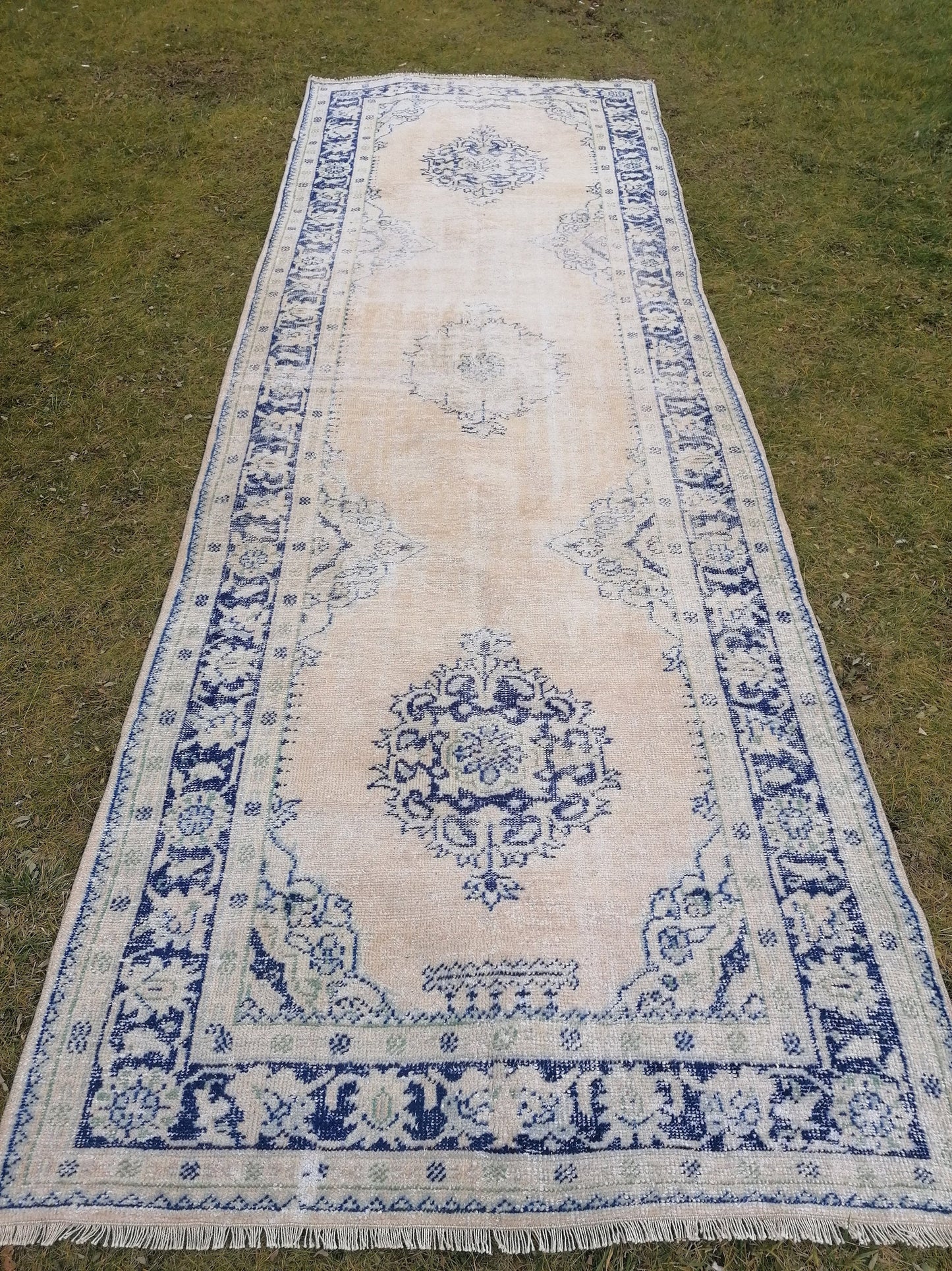 4.6 x 13 distressed antique oushak turkish runner, vintage runner turkish runner rug