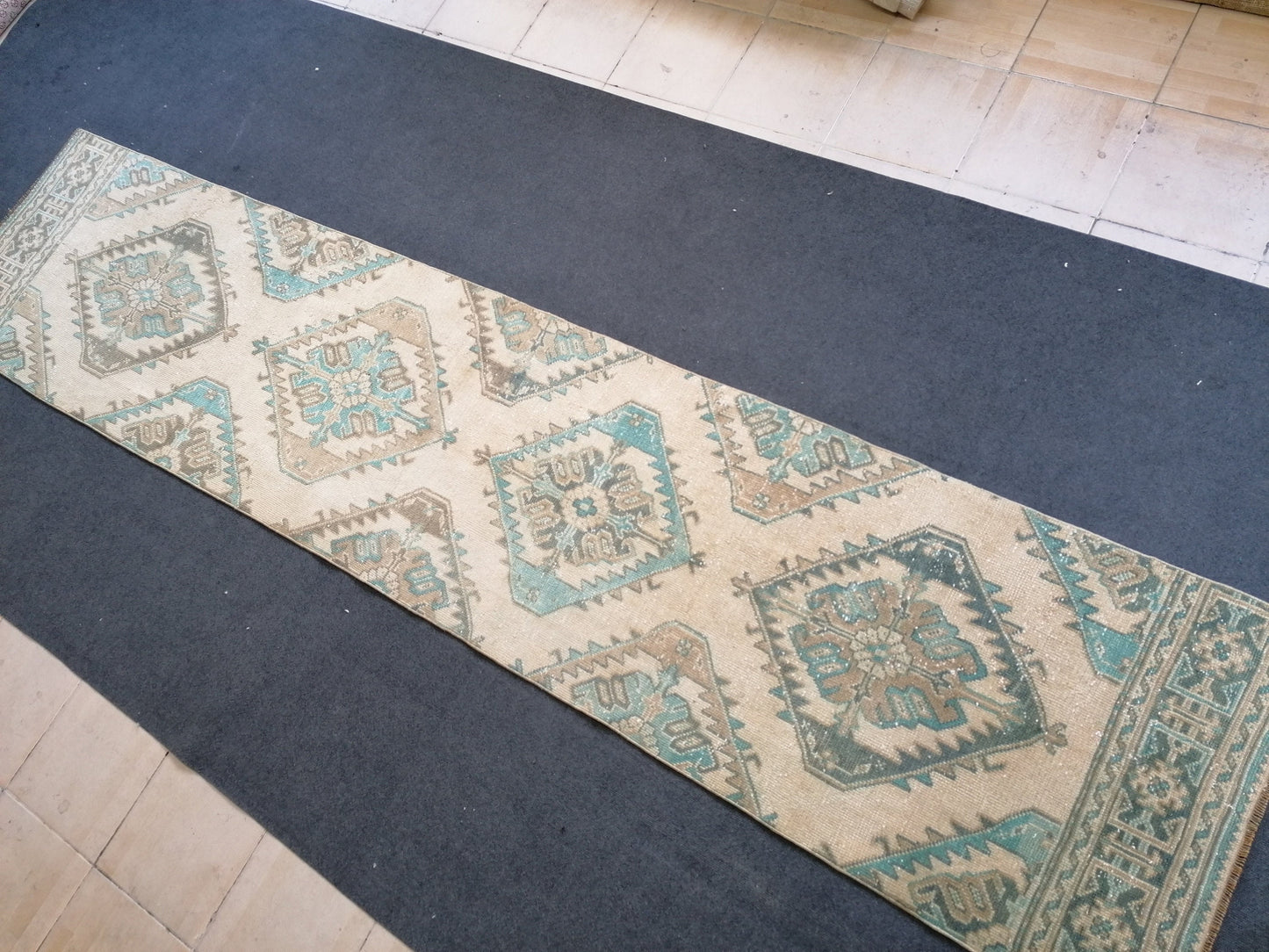 2.8 x 12 turkish runner rug, vintage runner rug, Oushak runner rug,