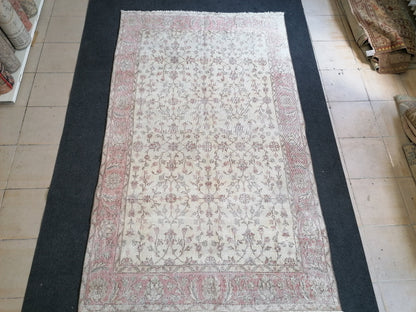 6 x 8 vintage turkish rug, muted distressed vintage rug, oushak rug,