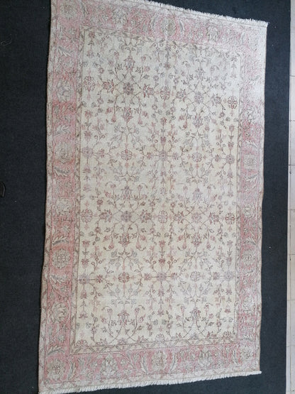 6 x 8 vintage turkish rug, muted distressed vintage rug, oushak rug,