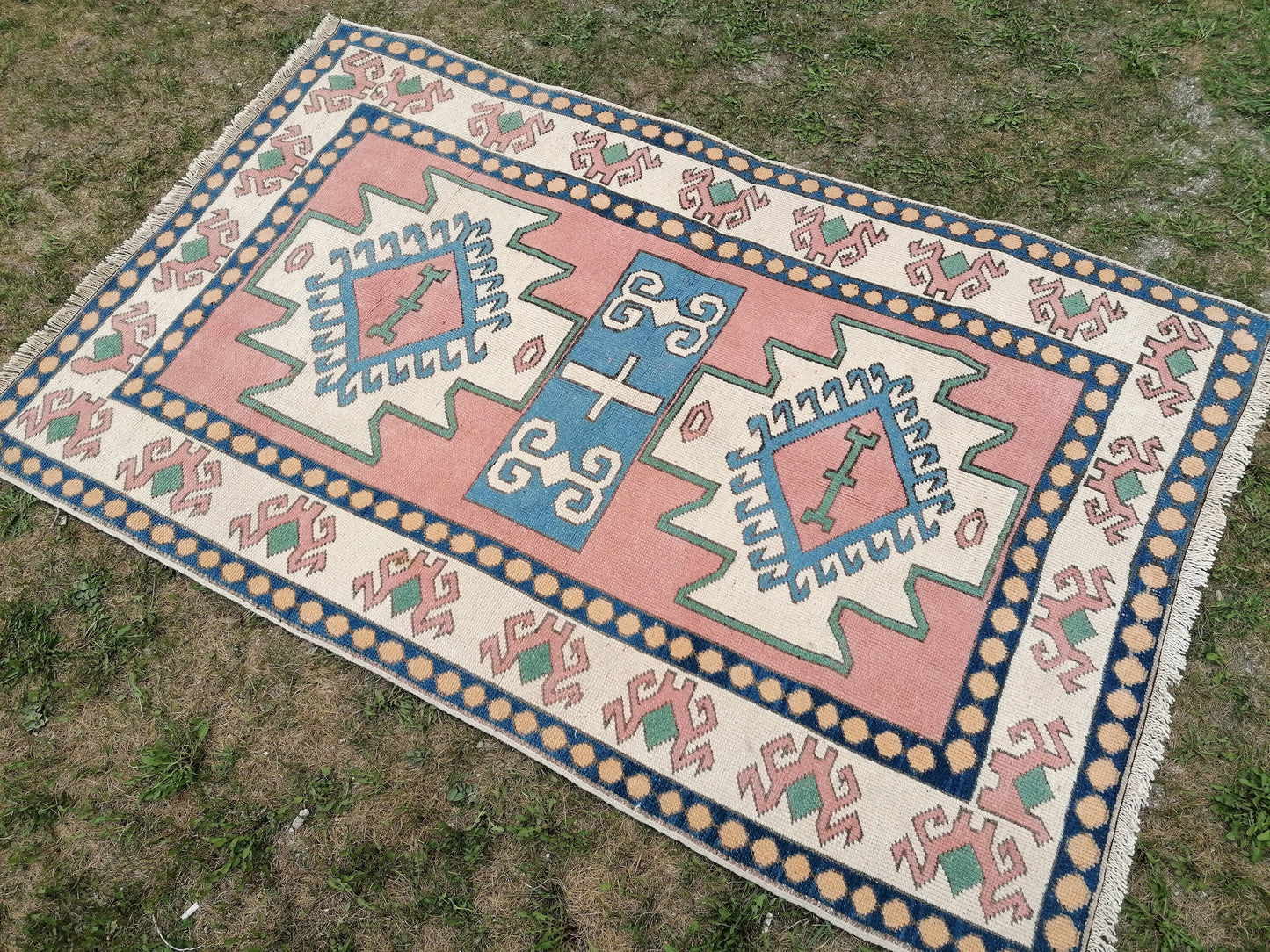 Vintage turkish blue rugs 4.5 x 6.9 oushak wool rug