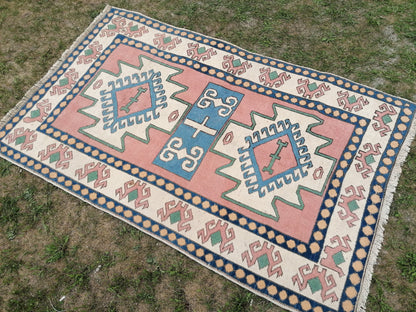 Vintage turkish blue rugs 4.5 x 6.9 oushak wool rug