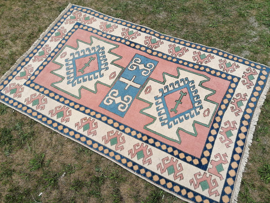 Vintage turkish blue rugs 4.5 x 6.9 oushak wool rug