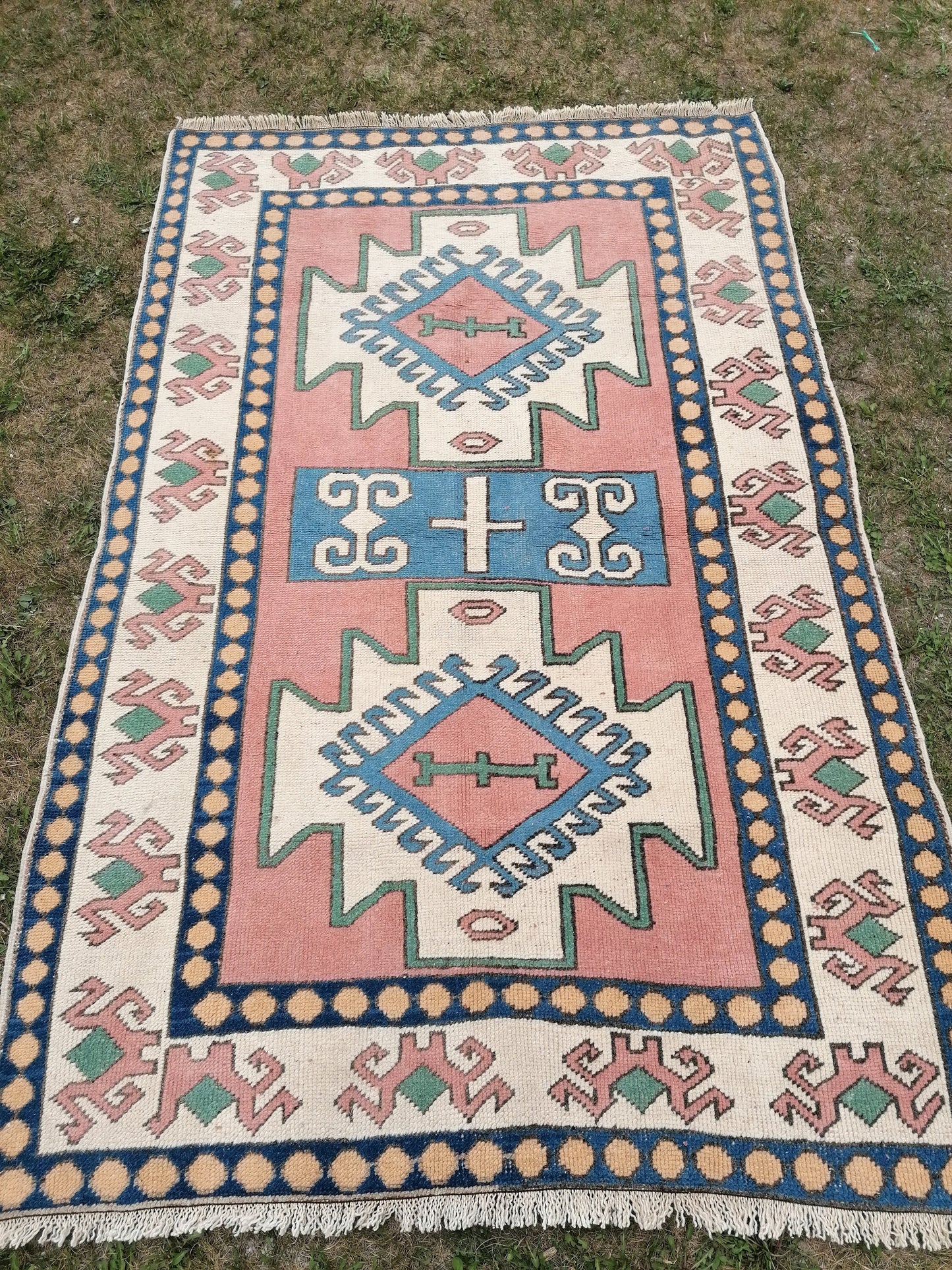 Vintage turkish blue rugs 4.5 x 6.9 oushak wool rug