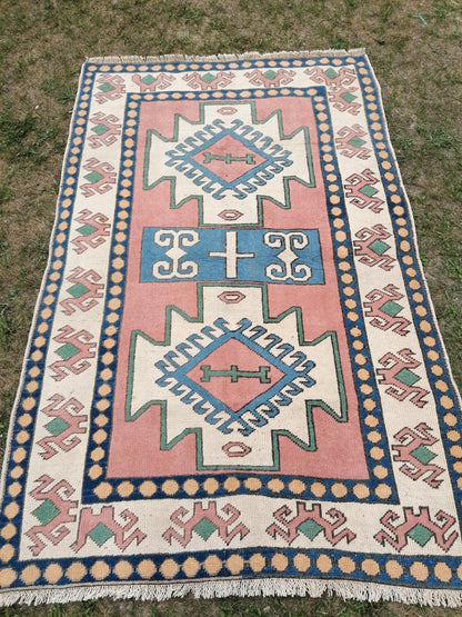 Vintage turkish blue rugs 4.5 x 6.9 oushak wool rug
