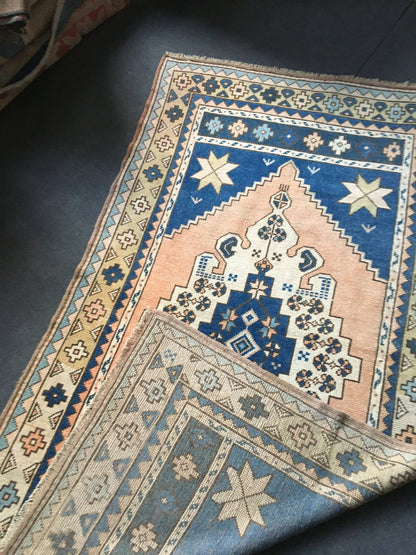 4 x 7.6 feet handmade blue kitchen floor rug, vintage living room area rug,