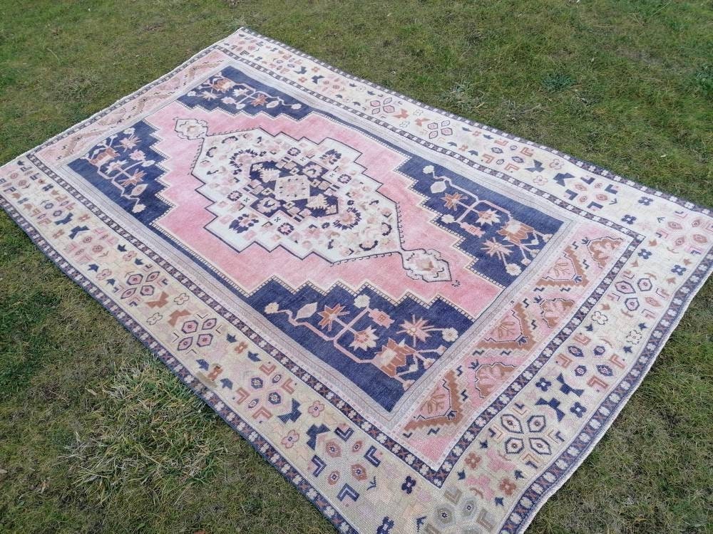 Vintage blue rug, large turkish oushak rug 6 x 9.6 handmade wool rug