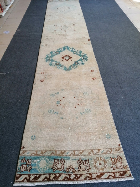 2.6 x 12.9 soft colors rug, vintage turkish rug, oushak vintage rug, vintage anatolian rug