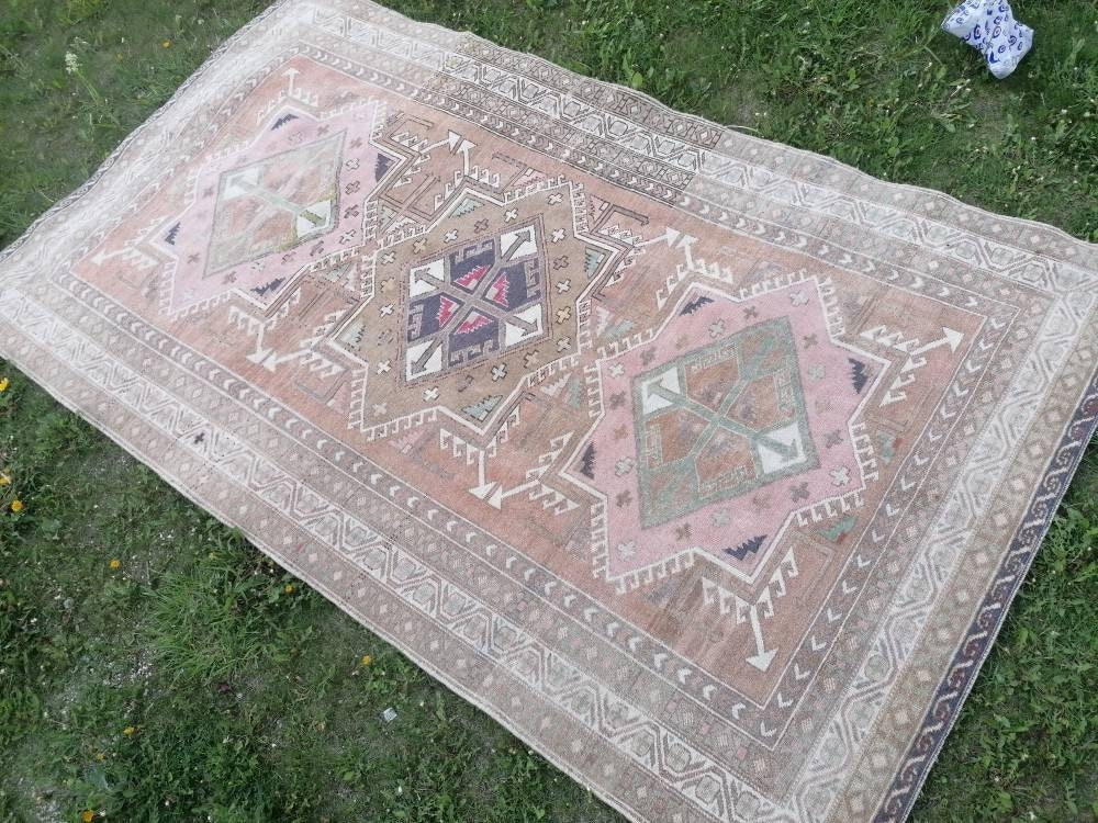 4.7 x 8 blue and pink wool rug, vintage oushak rug, turkish handmade