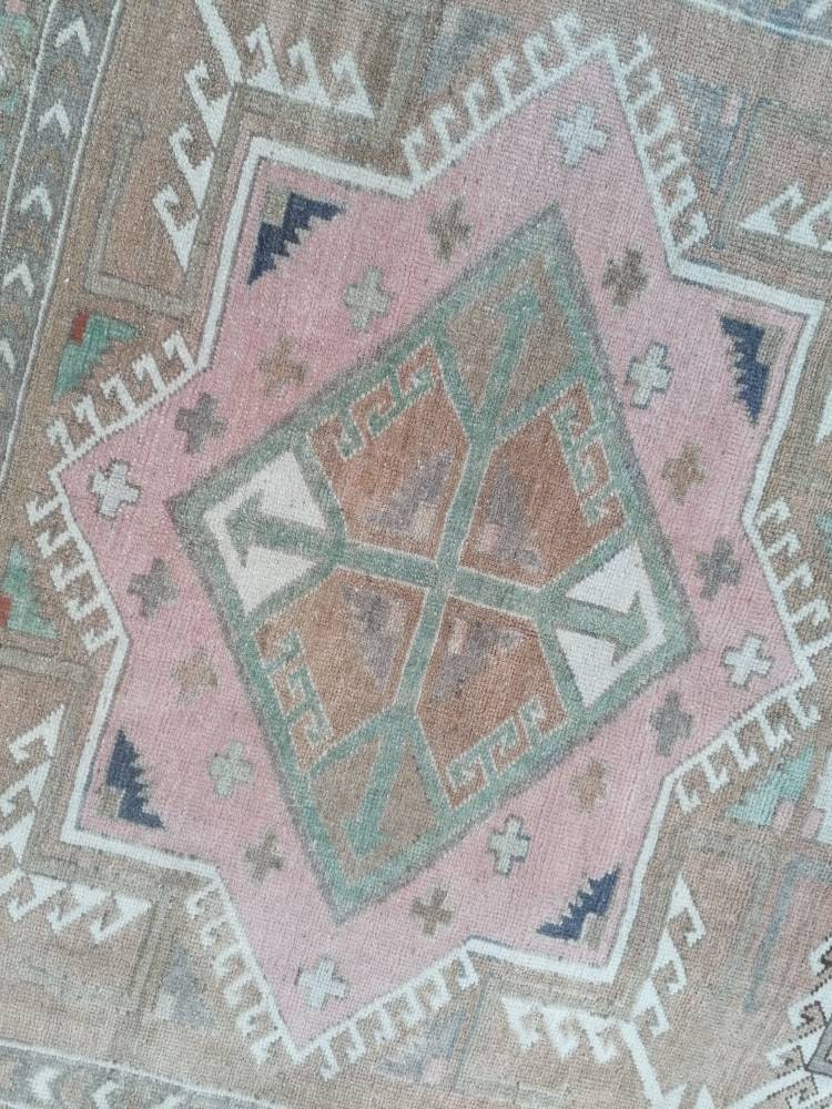 4.7 x 8 blue and pink wool rug, vintage oushak rug, turkish handmade