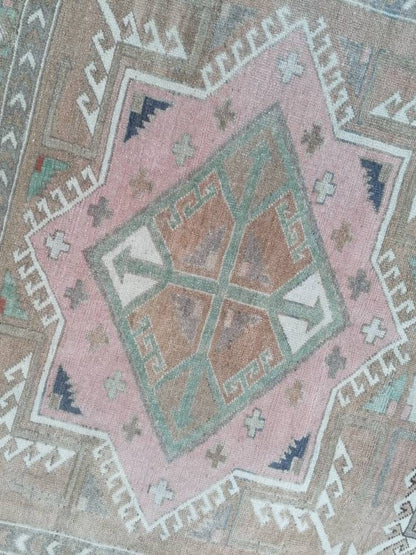 4.7 x 8 blue and pink wool rug, vintage oushak rug, turkish handmade