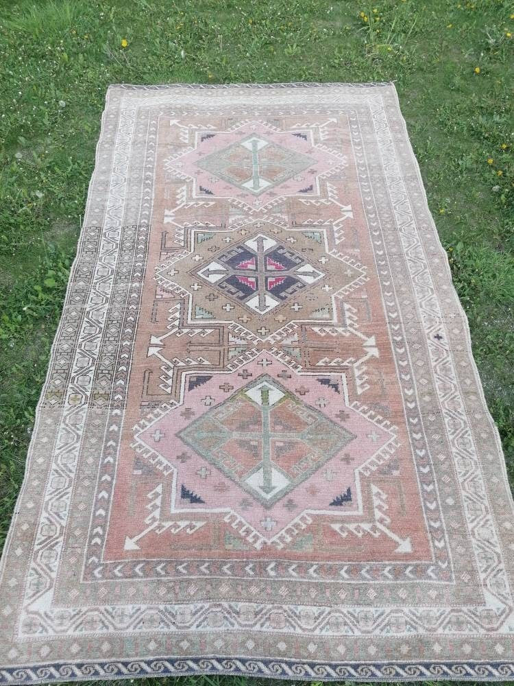 4.7 x 8 blue and pink wool rug, vintage oushak rug, turkish handmade