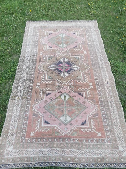 4.7 x 8 blue and pink wool rug, vintage oushak rug, turkish handmade