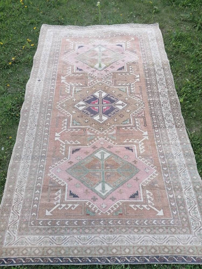 4.7 x 8 blue and pink wool rug, vintage oushak rug, turkish handmade