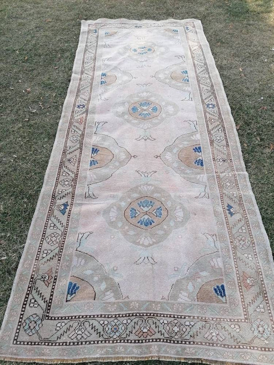 4.6 x 11 Earth color runner rug, toner vintage oushak runner rug, vintage runner rug