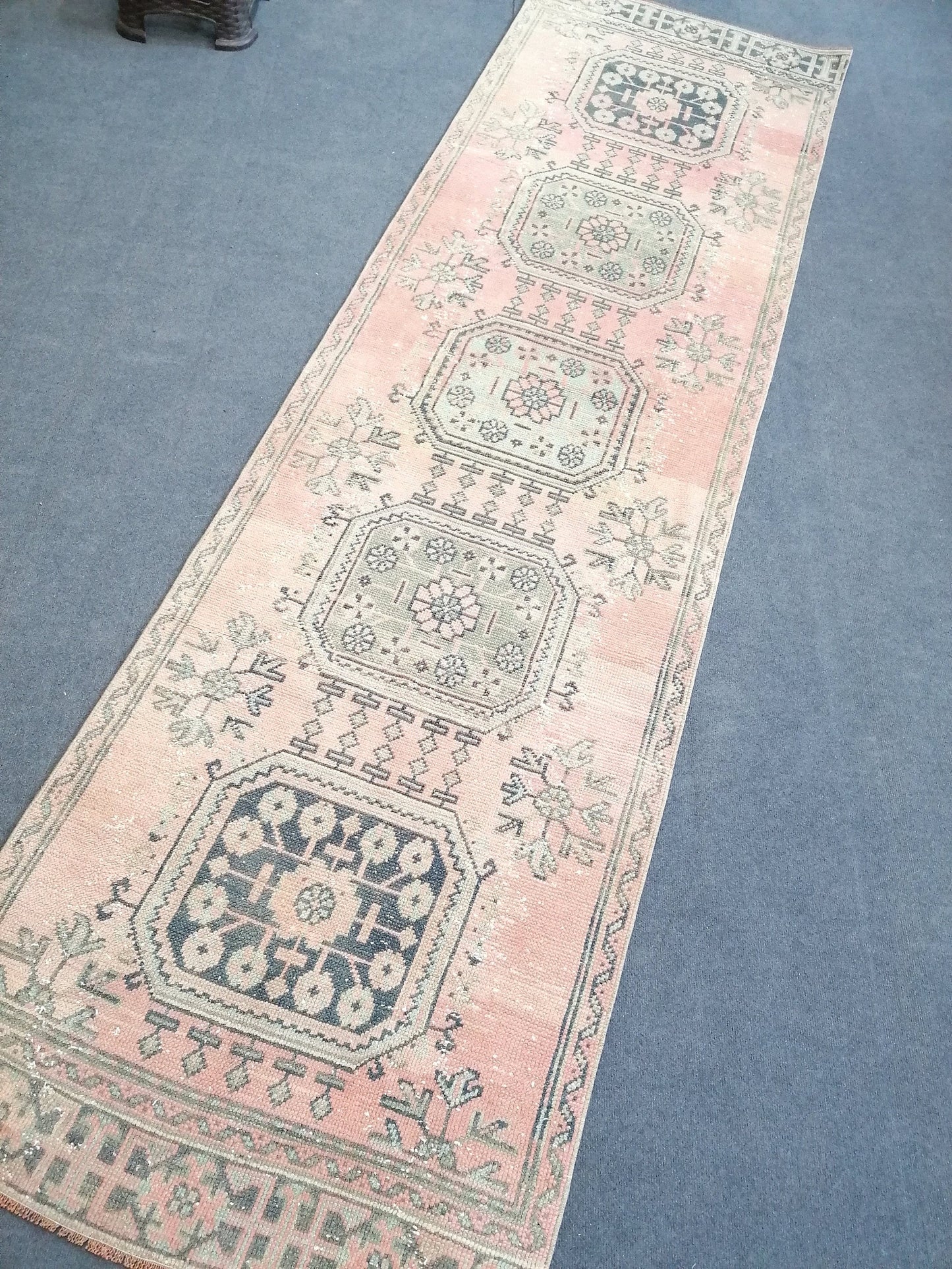 3 x 10.6 oushak turkish runner rug, vintage green wool runner rug,