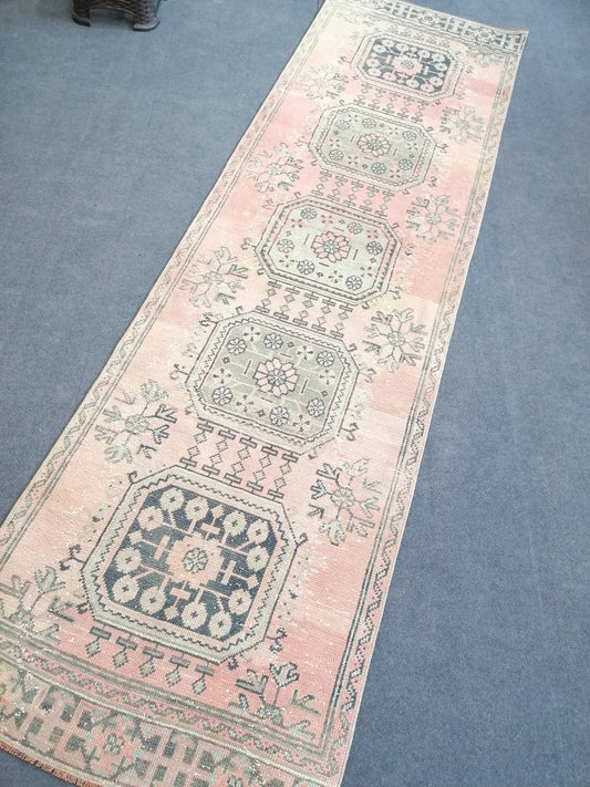 3 x 10.6 oushak turkish runner rug, vintage green wool runner rug,