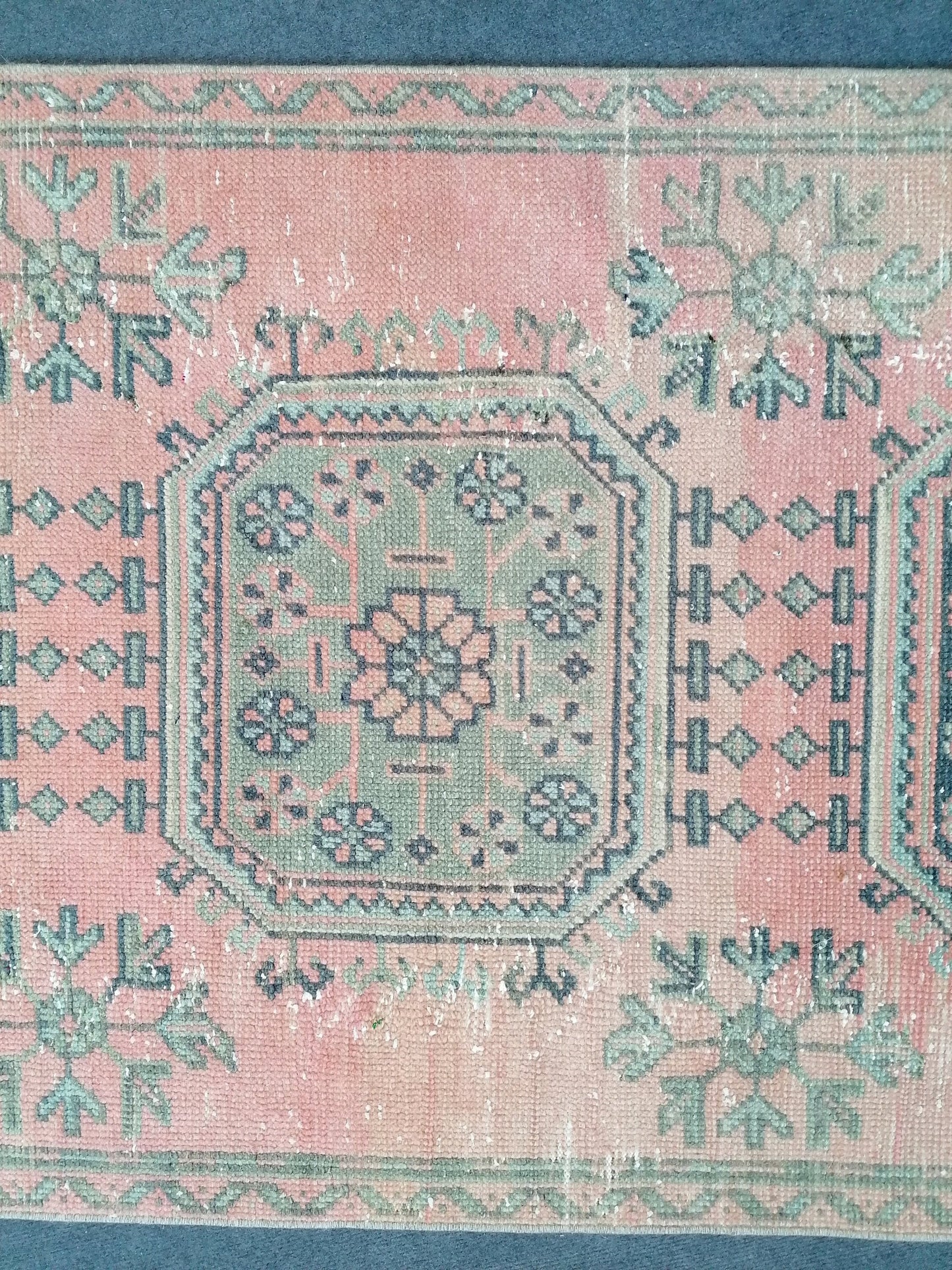 3 x 10.6 oushak turkish runner rug, vintage green wool runner rug,