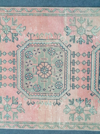 3 x 10.6 oushak turkish runner rug, vintage green wool runner rug,