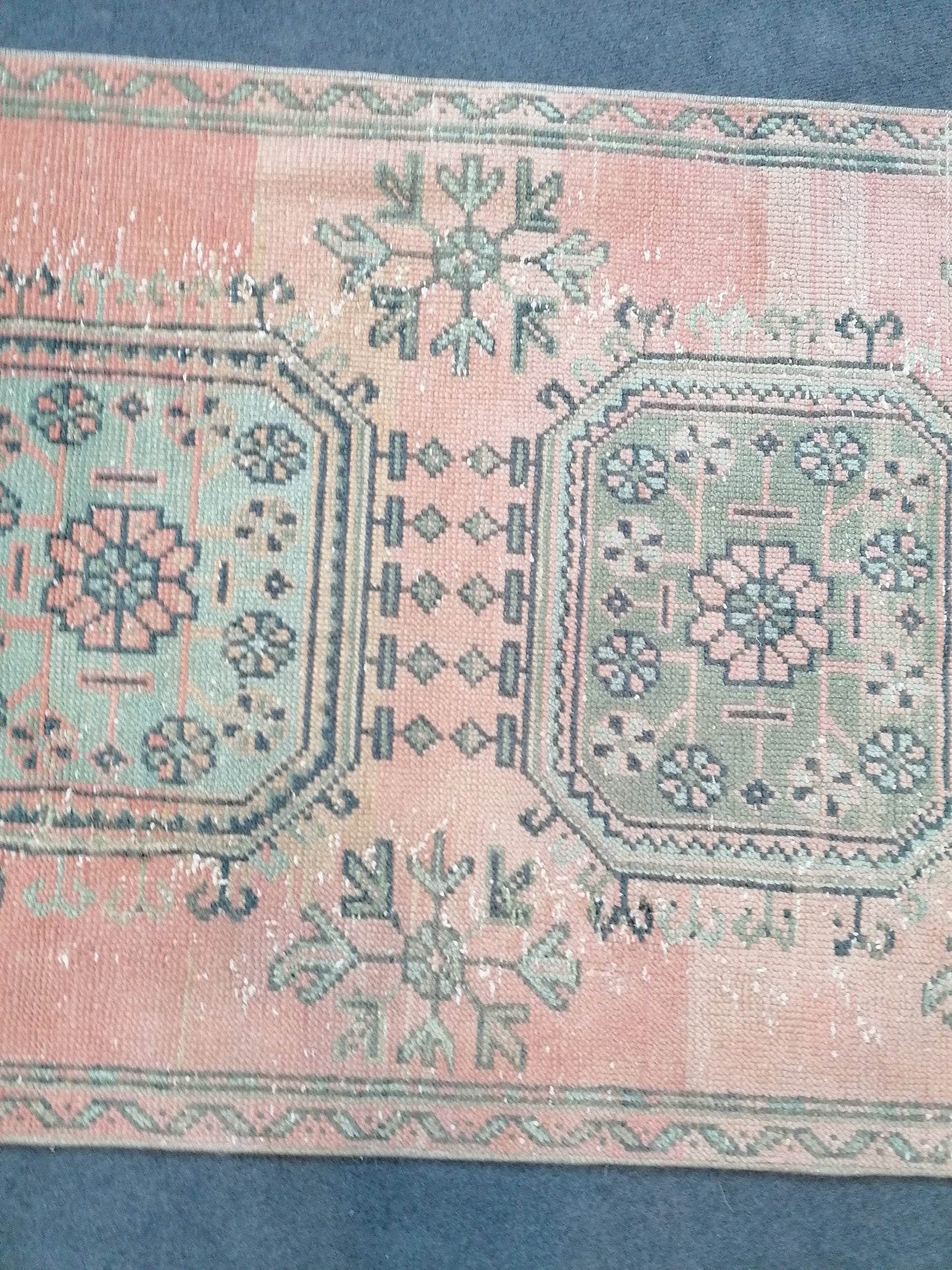3 x 10.6 oushak turkish runner rug, vintage green wool runner rug,