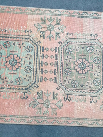 3 x 10.6 oushak turkish runner rug, vintage green wool runner rug,