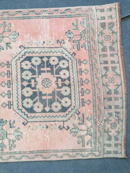 3 x 10.6 oushak turkish runner rug, vintage green wool runner rug,