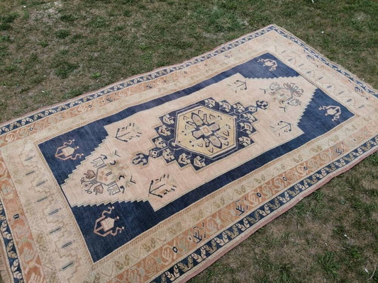 5.6 x 10 blue vintage rug, oushak wool rug,unique hand made