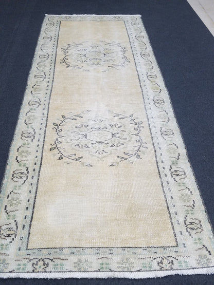 Distressed vintage runner rug, 2.6 x 5.10 oushak wool runner rug, rustic handmade rug, hand knotted