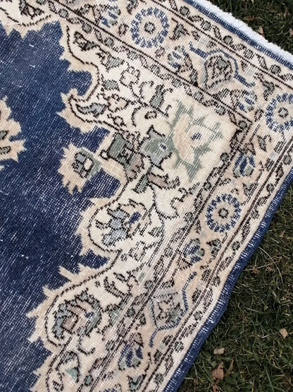 3.10 x 7 blue rug, turkish wool rug, oushak vintage rug,