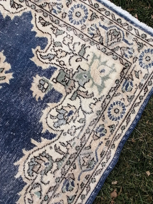 3.10 x 7 blue rug, turkish wool rug, oushak vintage rug,