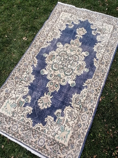 3.10 x 7 blue rug, turkish wool rug, oushak vintage rug,
