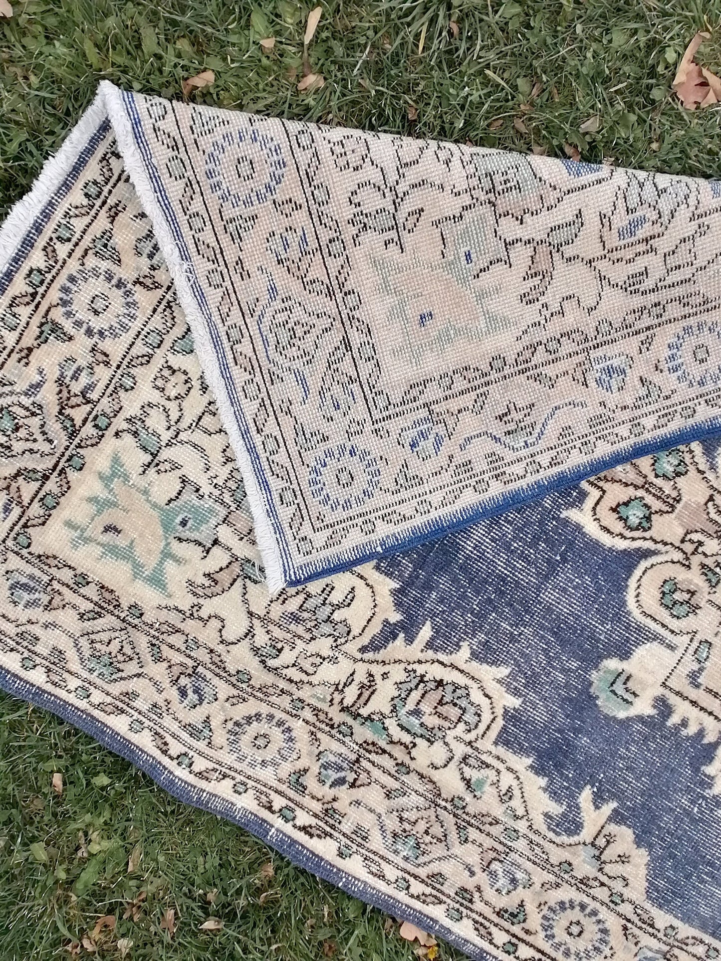 3.10 x 7 blue rug, turkish wool rug, oushak vintage rug,