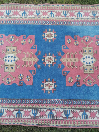 5 x 7.4 Turkish oushak rug, Blue rug, vintage oushak rug, unique handmade rug