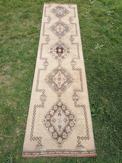 2.6 x 10 Oushak runner rug, earth tone Turkish runner rug,