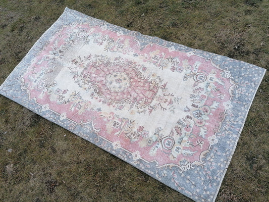 3.10 x 7 turkish rug, vintage turkish soft color rug, oushak rug