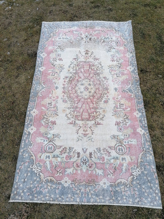 3.10 x 7 turkish rug, vintage turkish soft color rug, oushak rug