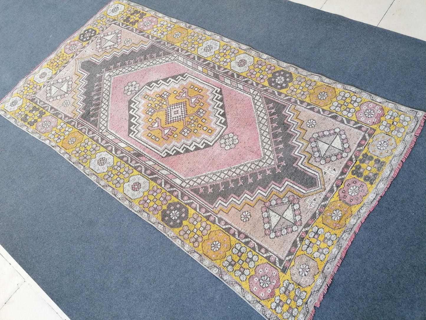 3.8 x 6.9 vintage turkish rug, oushak vintage rug, kitchen rug,