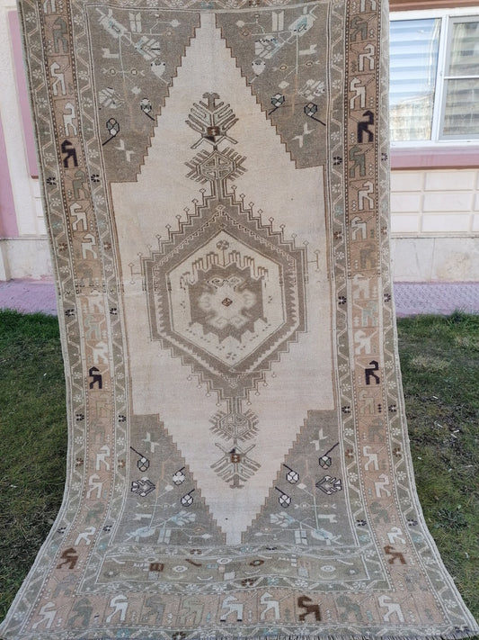 4.7 x 9 vintage turkish rug, oushak vintage kitchen rug