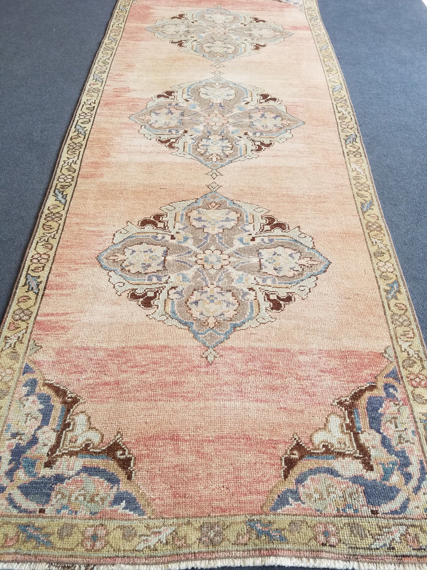 3.5 x 9.4 oushak wool runner rug,turkish handmade rug, hallway runner rug, vintage runner rug,