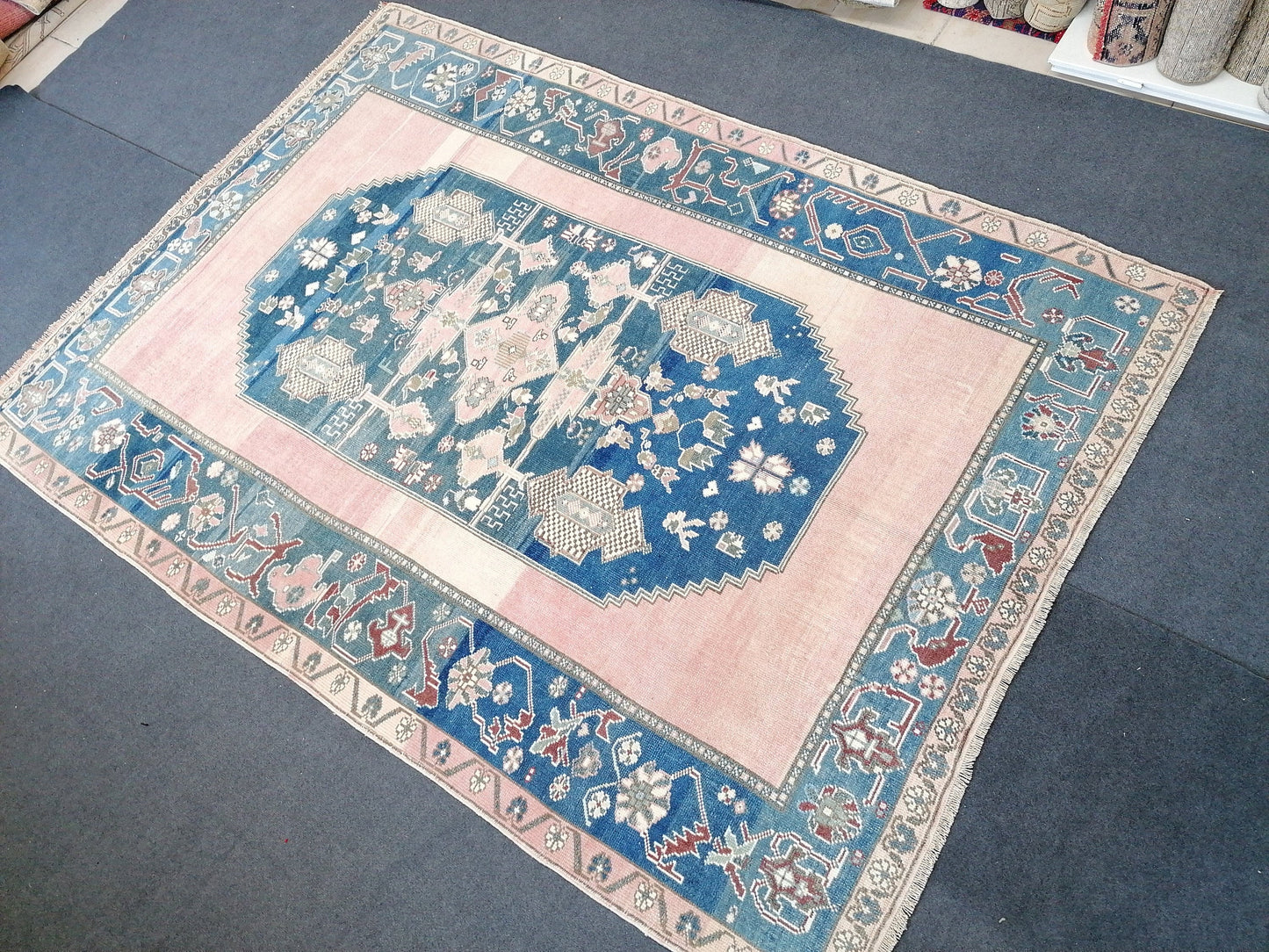 6.2 x 9 oushak vintage rug, turkish oushak rug rustic unsual tribal rug