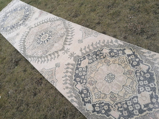 2.9 x 13 vintage hallway runner rug, neutral oushak runner rug, handmade runner,